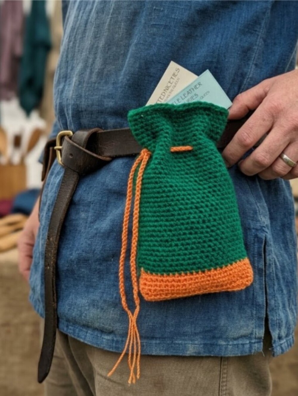 Handmade Crochet Green Yarn Orange Mason Cord Small Drawstring Belt Pouch